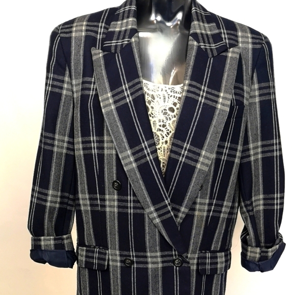 80s vintage window pane plaid oversized double-breasted NAVY/WHITE wool jacket - Picture 6 of 15